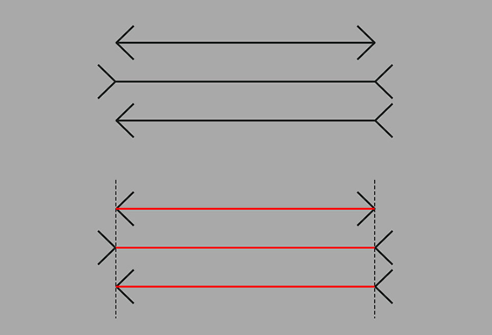 Линия одинаковых. Иллюзии восприятия Мюллера Лайера. Опыт иллюзия Мюллера-Лайера. Иллюзия стрелы. Иллюзия с отрезками.